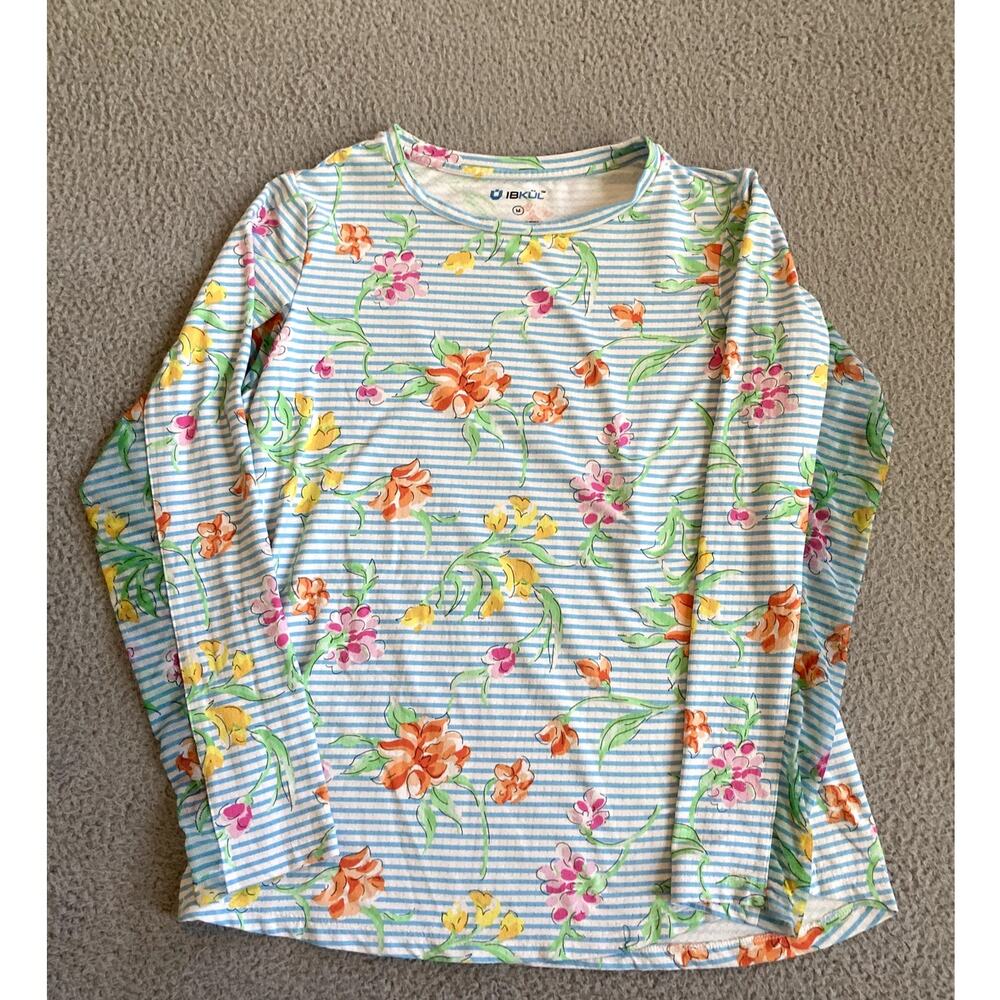 IBKUL Long Sleeve Crewneck Top Striped Floral Womens Medium 50+ Protection Sport